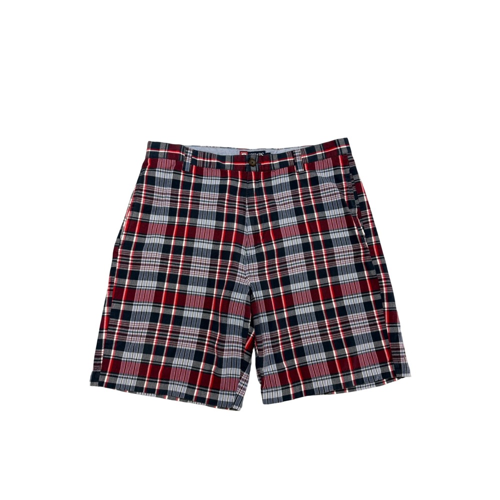 Chaps Mens Plaid Shorts Red Navy Blue White Cotton‎ Flat Front Size 36